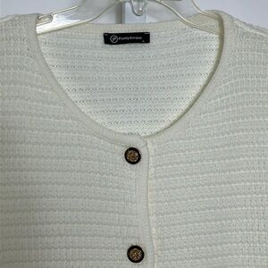 Pretty Garden Cream Color Long Sleeve Knit Cardigan Black Gold Button Size Large
